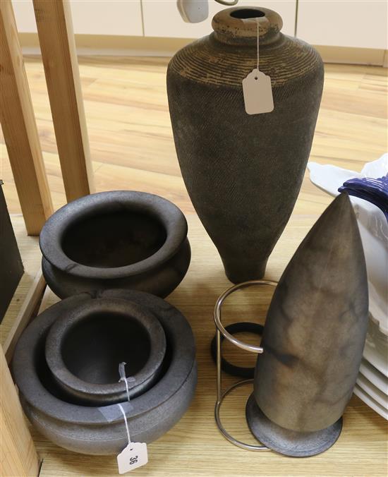 Keith Munro, three items of matt grey stoneware pottery, an amphora vase by Mick Morgan and another similar vase tallest 45cm (5)